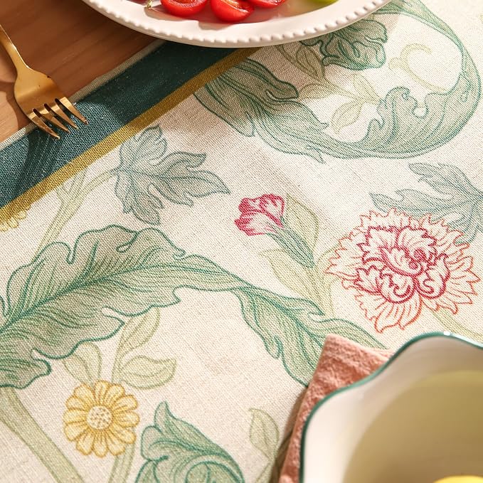 Patdrea Designer Vintage French Linen Table Runner,12"X102"-Cecilia A | Tablerunner 102 Inches Long,Green Floral Print,Decorative Runner for Dining Room Living Room Banquet,Tassel Edge