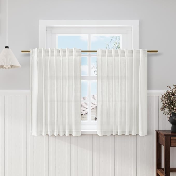 Off White Cafe Curtains 45 Inch Length Set 2 Panel Back Tab Pocket Semi Sheer Short Linen White Curtain Tiers for Small Bathroom Window Basement 52x45