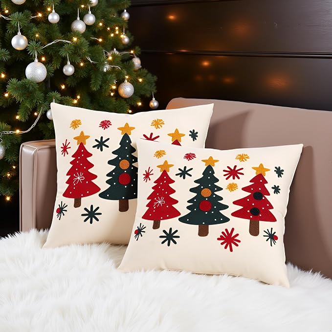Christmas Throw Pillow Covers 18x18 Set of 2 Green and Red Trees
