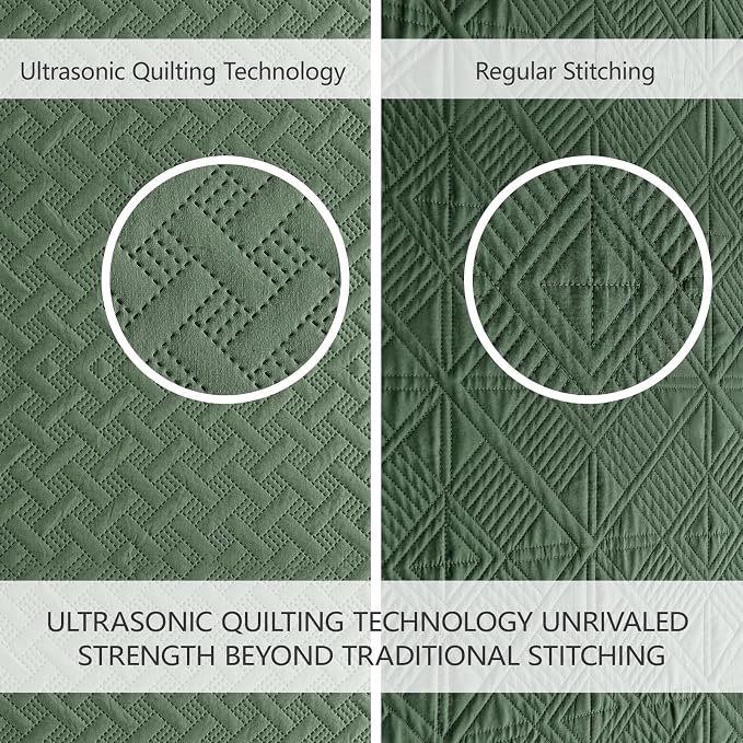FLYMME Queen Quilt Bedding Set Olive Green Lightweight Bedspreads Full Size,Modern Style Geometric Weave Stripe Pattern,Soft Microfiber Bed Coverlet for All Season (1 Quilt, 2 Shams)