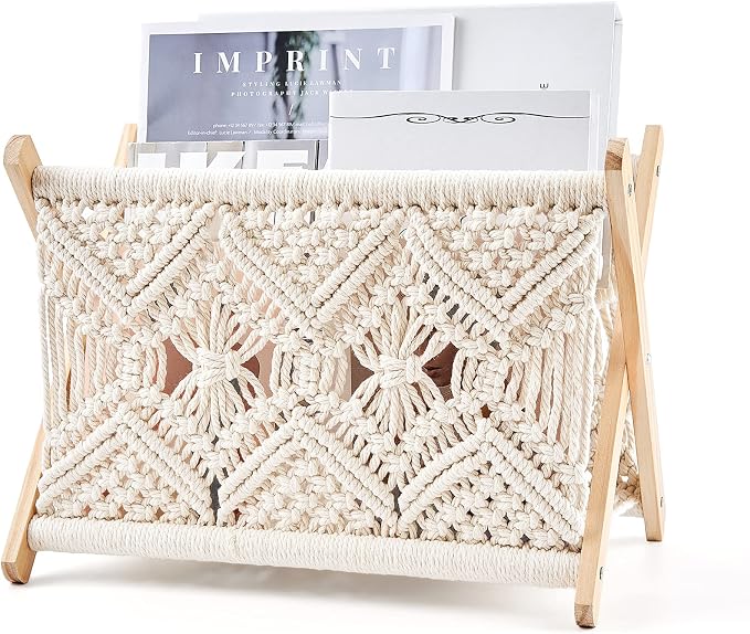 Mkono Macrame Magazine Holder, Boho Woven Book Rack Basket, 14" L x 10" W | Boho Decor, Mail Paper Vinyl Storage, Living Room Bedroom Bathroom Nursery Dorm Office, Handwoven, Space-Saving, Ivory