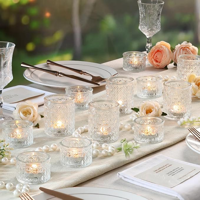 NITIME Assorted Votive Candle Holders Set of 24, Clear Glass Candle Holder in Bulk, Tea Light Holders for Wedding Table Decor, Party & Home Decoration, Fits Standard Votives & Tea Lights