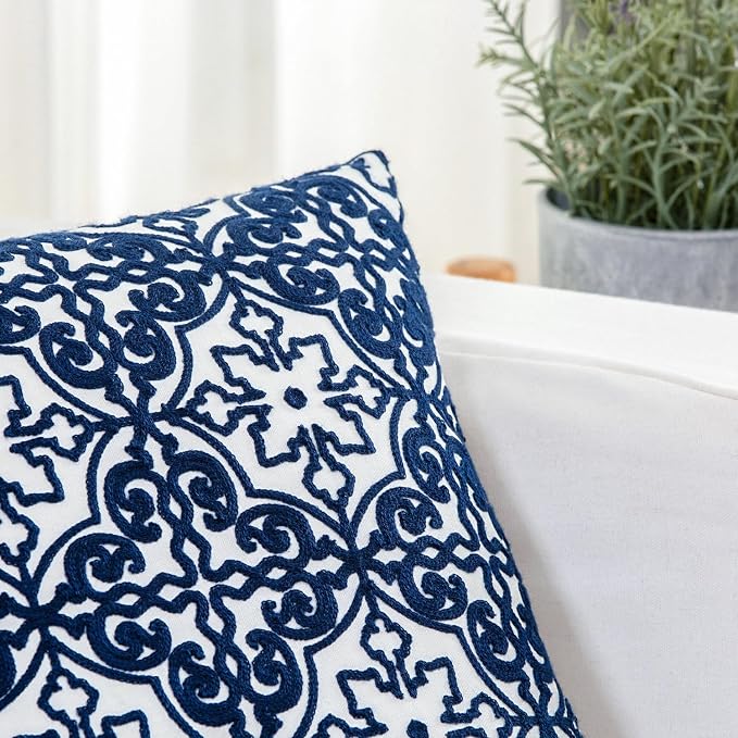HWY 50 Navy Blue Decorative Throw Pillow Covers 18x18 Inch, Pack of 2 Embroidered Cotton Farmhouse Cushion Cover Pillow Case for Sofa Couch Living Room Bed Bedroon, Modern Pattern