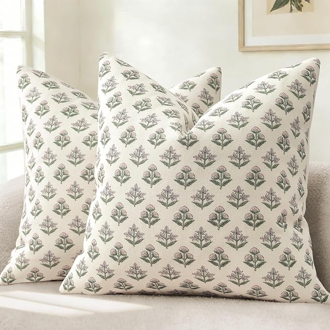YCOLL Farmhouse Floral Pillow Covers 20x20 Set of 2, Rustic Country Decorative Cushion Covers Vintage Throw Pillow Covers for Sofa Couch Bed Living Room Home Decor, Blush Pink