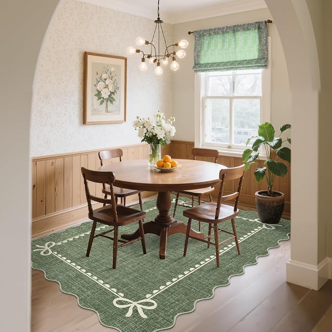 COZYLOOM 4x6 Scalloped Rugs for Dining Room Washable Living Room Area Rug, Non Slip Stain Resistant Modern Bow Carpet Non Shedding Low Pile Soft Bordered Mats for Bedroom, Nursery, Office, Green