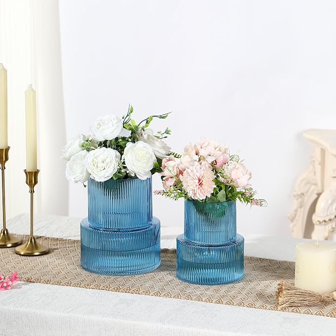 Ribbed Glass Vases for Bouquet, Set of 2 Blue Vases for Flowers, Blue Glass Vase for Tulips, Modern Vase for Living Room, Office, Coffe Table, Dining Table, Shelf, Wedding