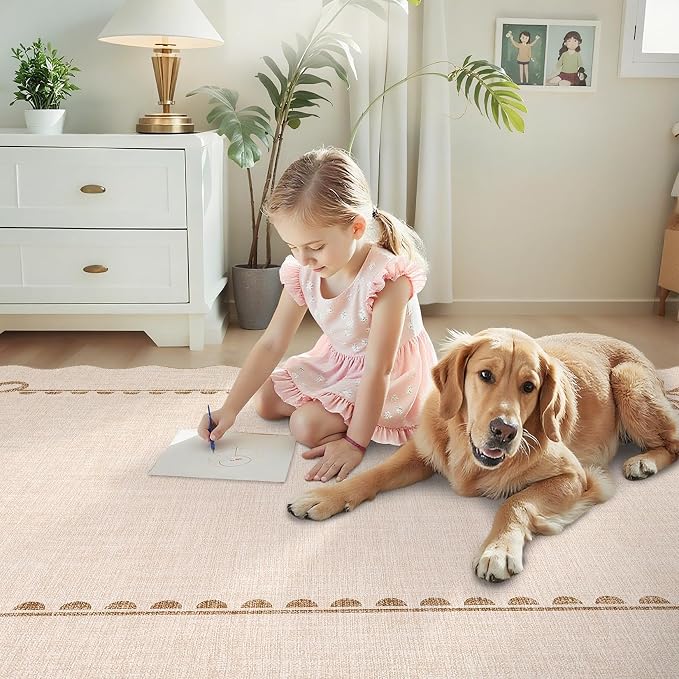 COZYLOOM Machine Washable Area Rugs 4x6 Scalloped Rug for Kids Room Non Slip Non Shedding Bow Bordered Carpet Stain Resistant Low Pile Soft Farmhouse Mats for Living Room, Bedroom, Dining Room, Beige
