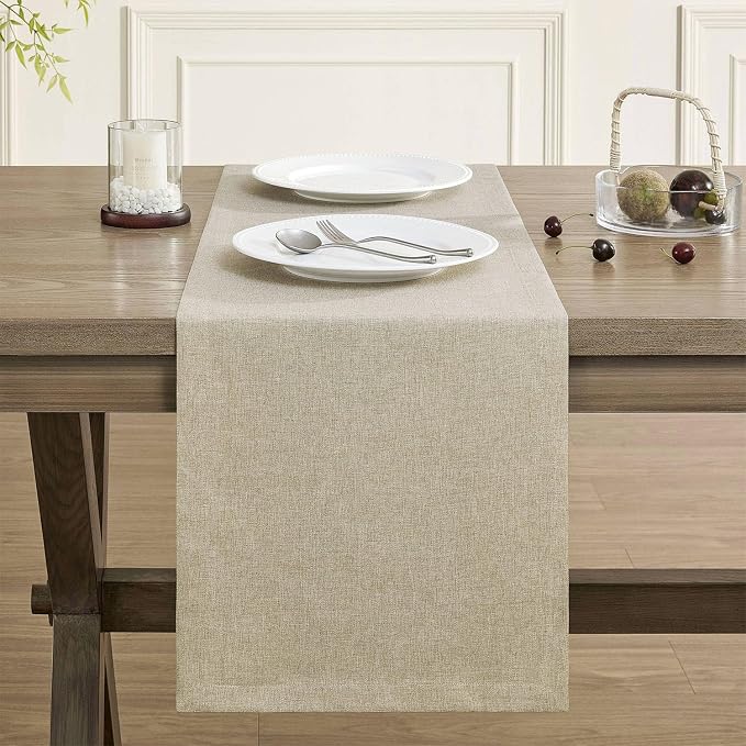 ZeeMart Basic Linen Style Table Runner, 14x72 Inch Natural | Mitered Corner Design, Medium Weight Fabric, Rustic Farmhouse Style, Machine Washable Easy Care Everyday Table Scarf