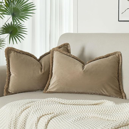 JUSPURBET Stone Velvet Throw Pillow Covers 16x24 Inch Set of 2 with Soft Tassel Fringe Luxury Boho Pillowcase for Sofa Couch Bed Home Decor Machine Washable