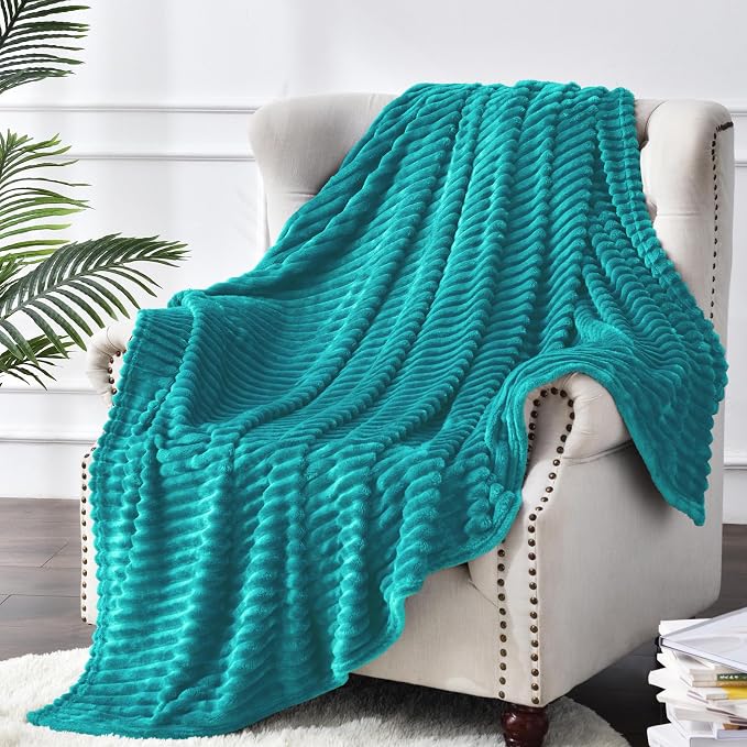 BEDELITE 3D Ribbed Ocean Blue Fleece Throw Blanket for Couch, 50x60 Inch | Soft Warm Decorative Fluffy Blanket, Cozy Plush Lightweight Fuzzy Throw Blanket for Bed Sofa Home Room Decor, Gift for Women