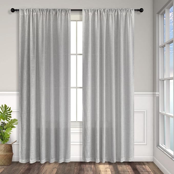 Grey Linen Curtains 63 Inch Length for Bedroom 2 Panels Back Tab Rod Pocket Semi Sheer Energy Efficient Light Gray Curtains for Living Room Kids Nursery Burlap Rustic Farmhouse Dove Silver 52x63 Long