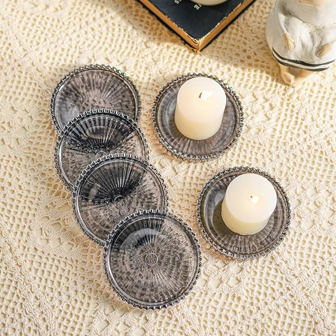 6 PCS Glass Pillar Candle Holder Plates, Black Crystal Candle Dish