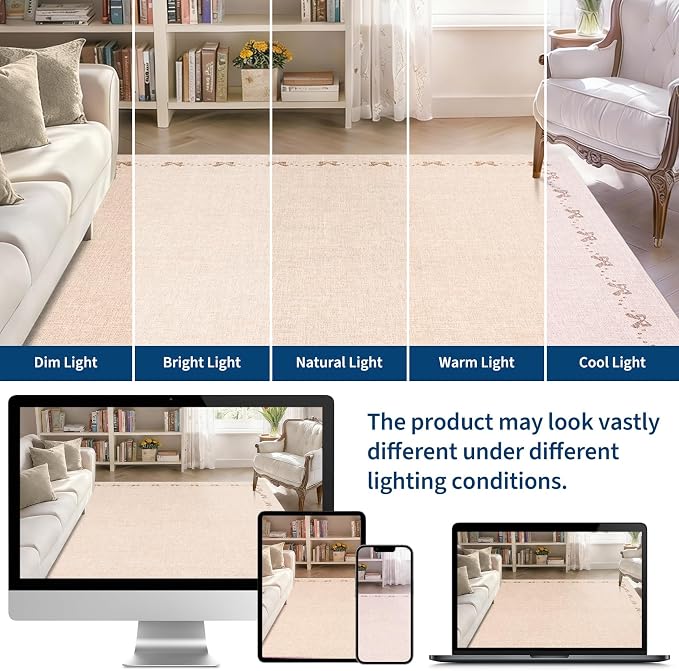 COZYLOOM 9x12 Area Rugs for Living Room Modern Bow Border Rug with Non Slip Backing, Non Shedding Low Pile Washable Rug Stain Resistant Foldable Mats for Dining Room, Bedroom, Office, Beige