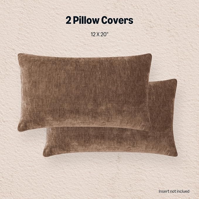 Amazon Basics Chenille Throw Pillow Covers, Home Decor Lumbar Cushion Cover for Bedroom Living Room Couch Bed, 12" W × 20" L, Brown