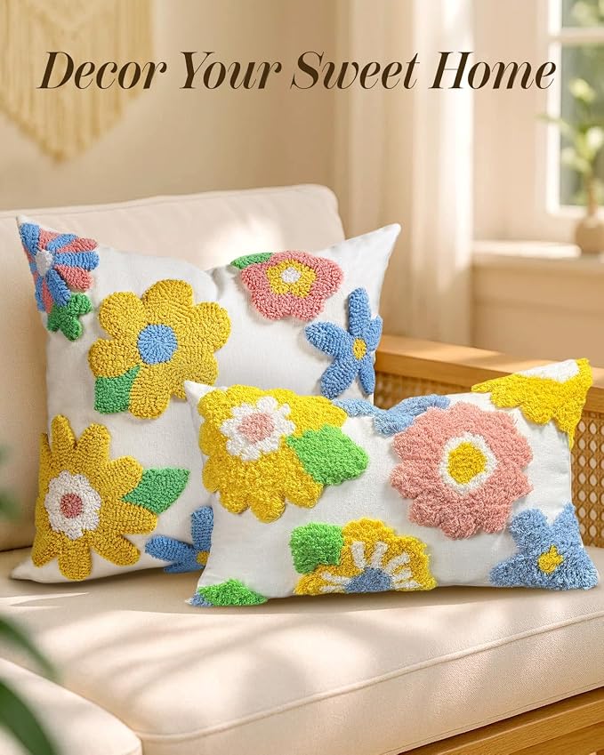Lumbar Pillow Covers 12x20 - Tufted Decorative Throw Pillow Cover with Zipper for Couch Sofa Bed Living Room Aesthetic Soft Spring Summer Farmhouse Oblong Pillowcase, Five Color Flower