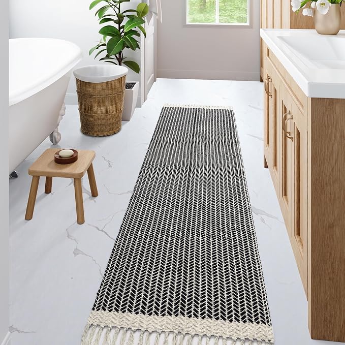 Lahome Boho Bathroom Runner Rug, 2x7 Washable Hallway Runners Black | Woven Cotton Runners with Tassels, Farmhouse Indoor Door Mats, Low Pile Lightweight Carpet for Laundry Room Entryway Decor