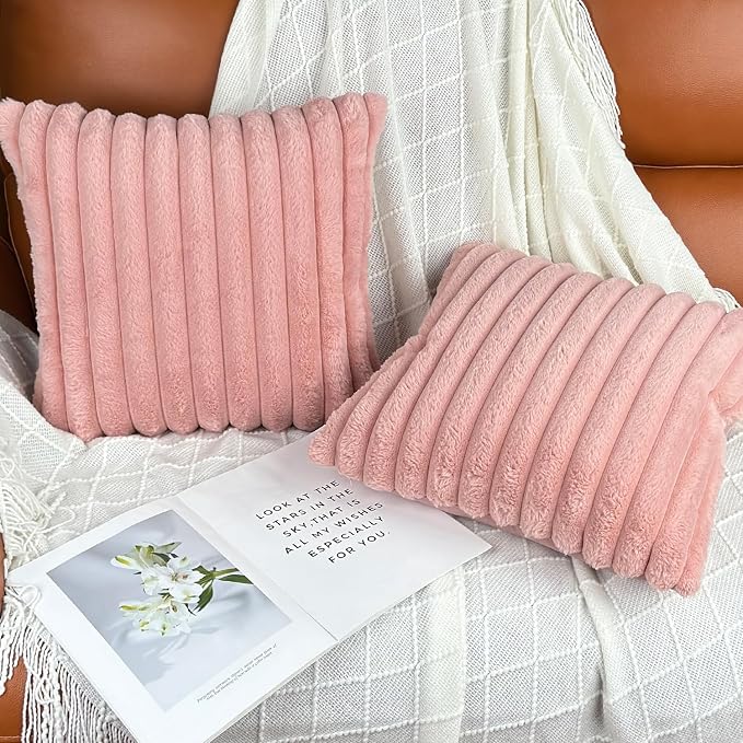 COTEY 20x20 Decorative Faux Fur Throw Pillow Covers Set of 2- Pink