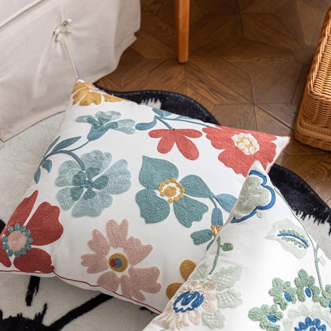 YIcabinet Pack of 2 Throw Pillow Covers,Embroidered Flower Pillow Case Soft Square Decorative Pillowcases for Home Sofa Couch 18x18 Inch
