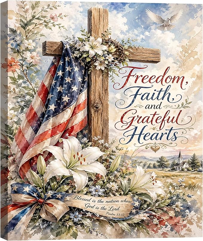 RIBNTAK 4th of July Wall Art Canvas Prints Pictures Patriotic Christian Artwork American Flag Cross Decor Faith Freedom Religious Canvas Art for Living Room Bedroom Office Farmhouse Home Decorations