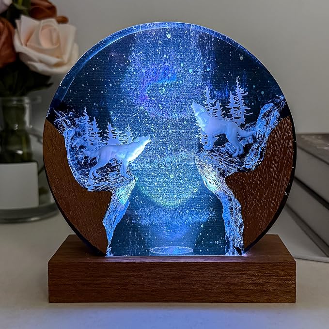 Handmade Resin 3D Wolf Resin Lamp with Wooden Base
