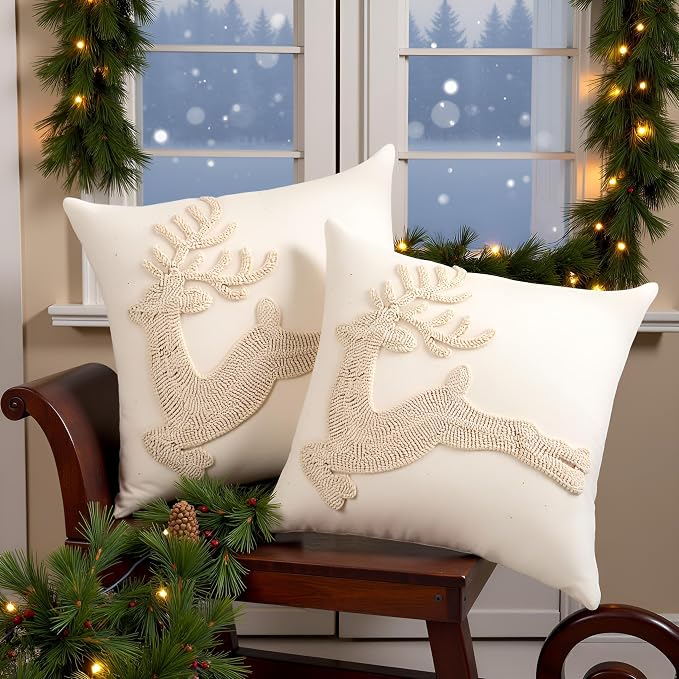 Christmas Throw Pillow Covers 18x18 Set of 2 Beige Xmas Reindeer