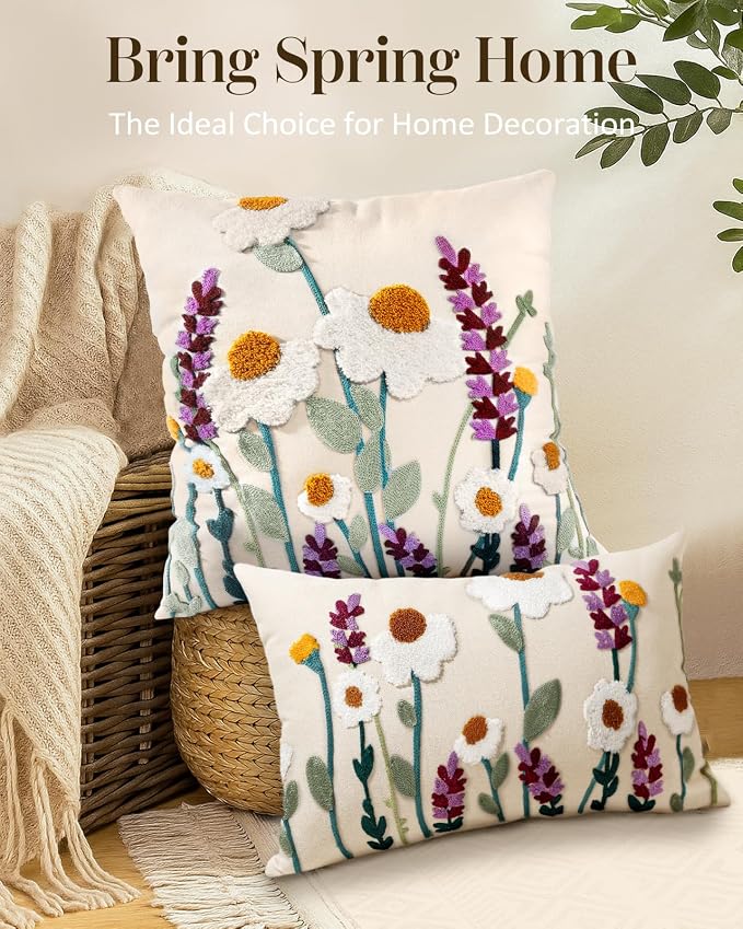 Embroidered Throw Pillow Cover - 20x20 Decorative Pillow Cover with Zipper Aesthetic Cute Design Boho Spring Summer Throw Pillowcase for Living Room Couch Sofa Bed, Wild Floral