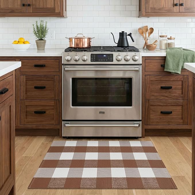 KOZYFLY Buffalo Plaid Area Rugs 2x3 Ft Brown and White Rug Front Door Mat | Washable Front Door Mat, Woven Cotton Outdoor Rug, Indoor Small Checkered Rug for Front Porch Kitchen Entryway Patio