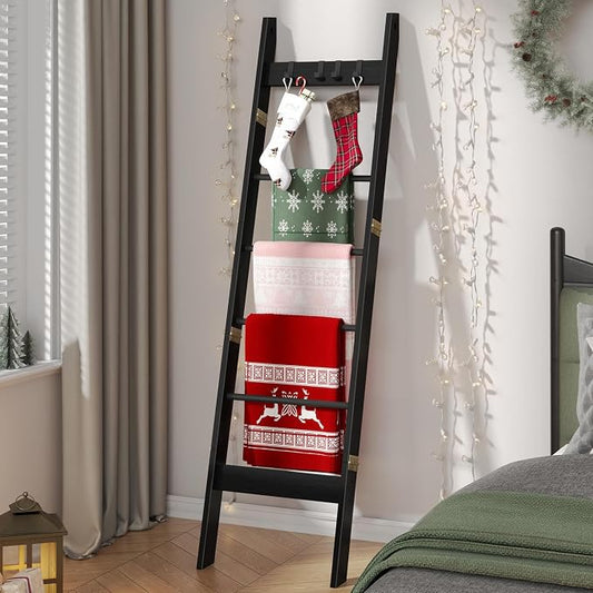 Hzuaneri Blanket Ladder Decorative Quilt Rack with 4 Removable Hooks | 6-Tier Farmhouse Ladder Holder Shelf Organizer for Living Room Bedroom, Black BR31504B