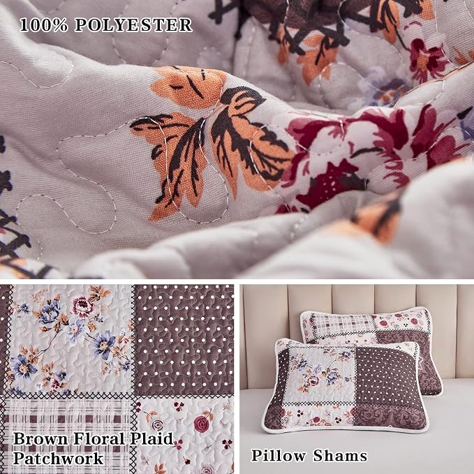 Patchwork Quilt Set Twin Size, 2 Pieces Brown White Floral Plaid Design Summer Bedspread Coverlet Set, Soft Microfiber Reversible Lightweight Bed Cover for Kids (68" x 86", 1 Quilt+ 1 Pillow Sham)