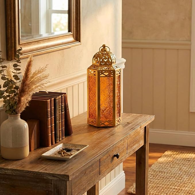 Vela Lanterns Decorative Indoor Moroccan Candle Holder, Gold Amber, M