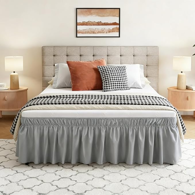 Vocander Grey Twin Bed Skirt 14 Inch Drop, Elastic Wrap Dust Ruffle | Hides Underbed Storage, No Mattress Lifting, Elastic Stays Put, Soft Fabric, Machine Washable, Polished Look