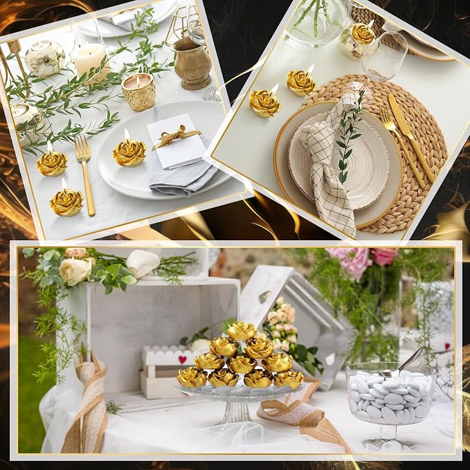 Treela 24 Set Rose Flower Candles, Gold Wedding Favors for Guests