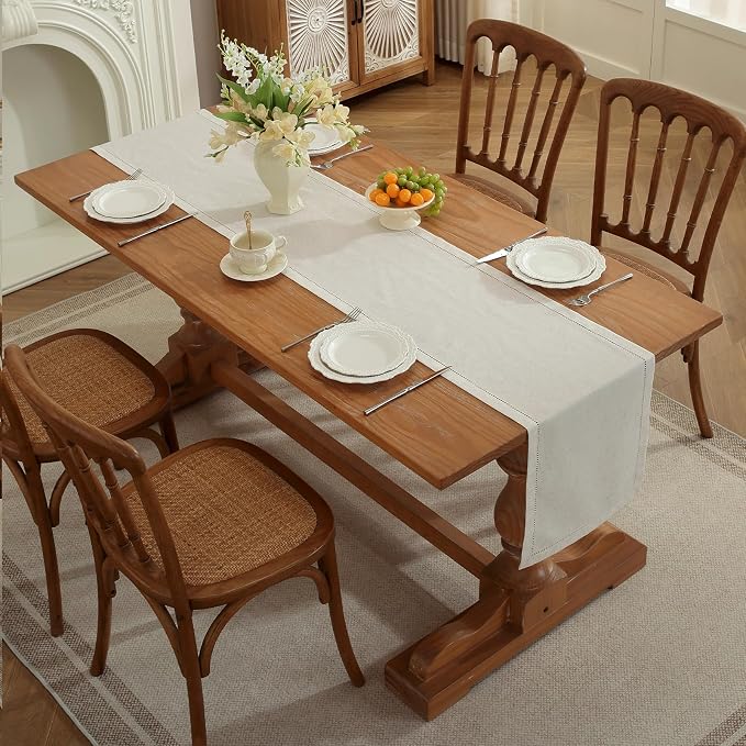 Light Natural Handmade Hemstitched Linen Blend Table Runner for Summer, Everyday Use, Classic Hemstitch Style (14 x 72 Inch)
