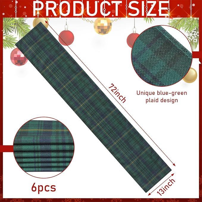 Gilprop 6 Pcs 72 x 13'' Tartan Plaid Table Runner Green and Blue | Vintage Bear Babyshower Birthday Party Dining Decor, Checkered Cloth for Home Kitchen Farmhouse, Reusable Fabric Sets