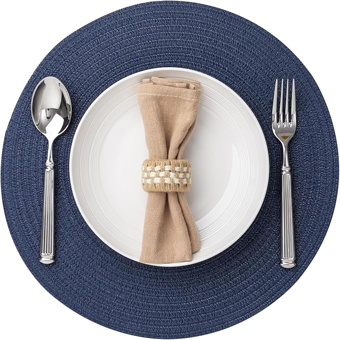 BARoyal Round Placemats Set of 12 Woven Placemats Washable Braided Table Mats for Dining Table Heat Resistant Non-Slip Circle Place Mats(Navy Blue)