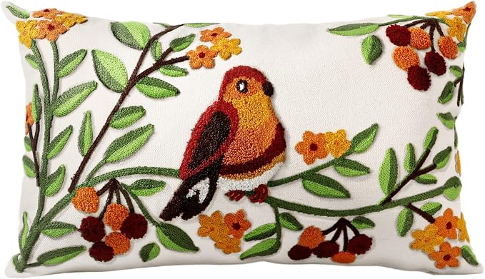 Embroidered Lumbar Pillow Cover - 20x12 Decorative Pillow Cover with Zipper Aesthetic Cute Design Boho Spring Summer Throw Pillowcase for Living Room Couch Sofa Bed, Tree Bird