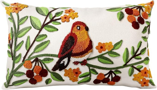 Embroidered Lumbar Pillow Cover - 20x12 Decorative Pillow Cover with Zipper Aesthetic Cute Design Boho Spring Summer Throw Pillowcase for Living Room Couch Sofa Bed, Tree Bird