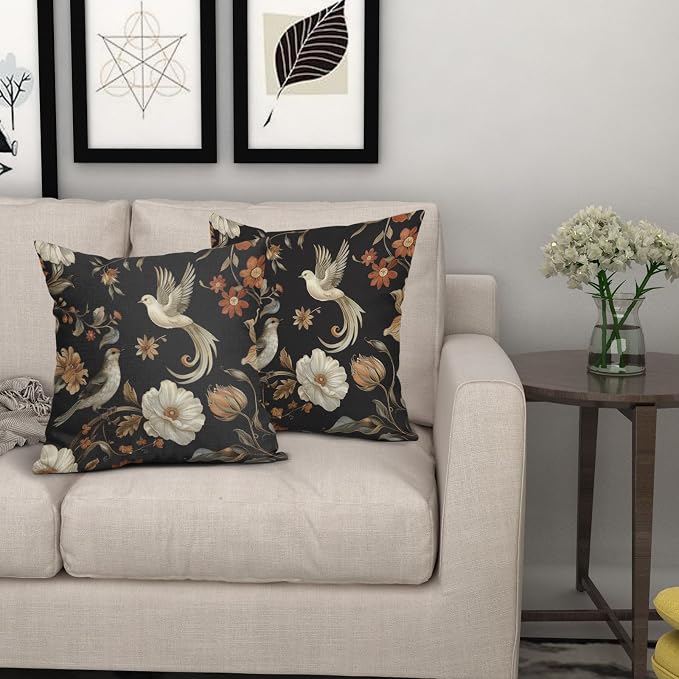 Kawani Vintage Floral Pillow Covers 16x16 Inch Set of 2 Black Chinoiserie Flower and Bird Outdoor Decorative Throw Pillows Retro Rustic Pillowcases Farmhouse Cushion Covers for Couch Home Decor
