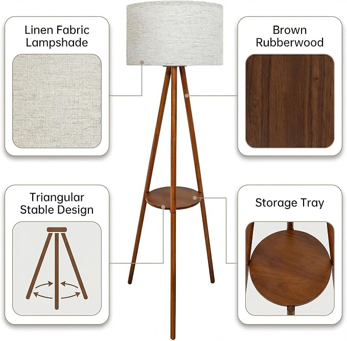 Wood Tripod Floor Lamp: Mid Century Standing Lamp with Shelves