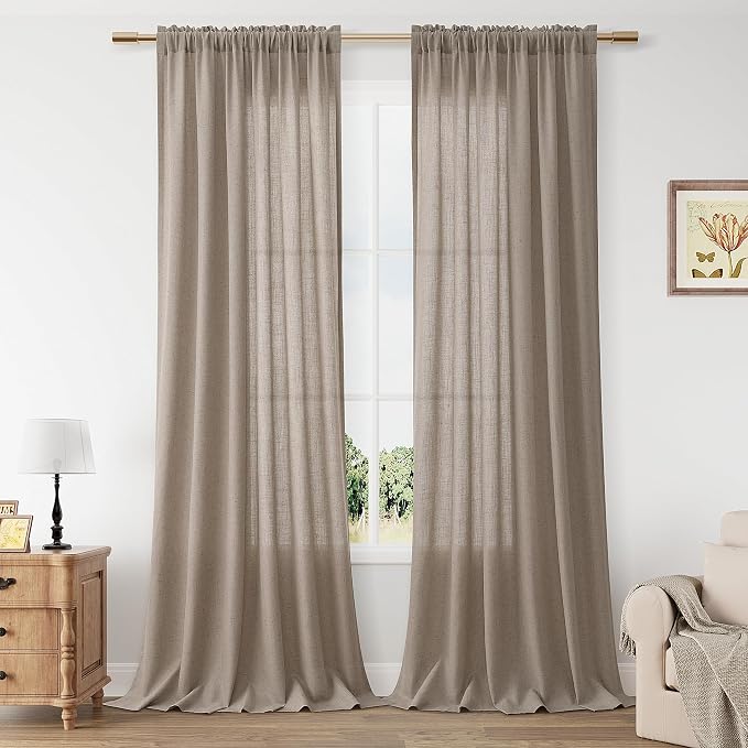 Khaki Linen Curtains 108 Inches Long 2 Panel Set Rod Pocket Semi Sheer Dining Room Cozy Bedroom Decor Cotton Look Country Rustic Farmhouse Boho Curtains 52x108