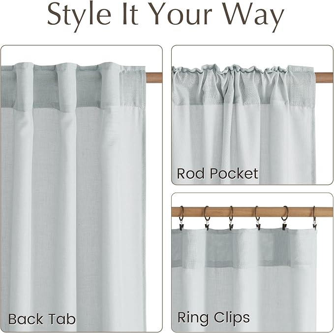 NICETOWN Linen Blend Light Cyan Curtains 96 inches Long, Rod Pocket & Back Tab Light Filtering Semi Sheer Window Treatments Privacy Added Drapes for Living Room, W55 x L96, 2 Panels