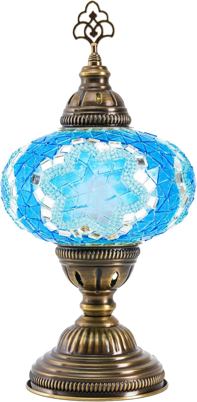 Turkish Mosaic Table Lamp with Bulb – Handmade Turquoise Blue Stained Glass Bedside Light, Authentic Vintage Boho Decor with E12 Socket & US Plug