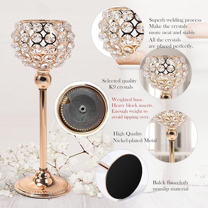 Gold Crystal Candle Holders Set of 2 Bling Tea Lights Candle Holder Dining Table Centerpiece Decor House Warming Gifts Christmas Table Decorations Dinner Table Decor (Gold, 2pcs 10")