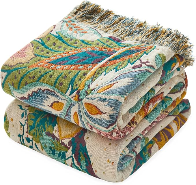 MSGKV Boho Throw Blanket 50"x60" 100% Cotton Floral Muslin Sofa Blanket | Cotton Throw, Muslin Blanket, Summer Breathable, Lightweight Comfort, Farmhouse Home Decor, Chair Throw, Machine Washable