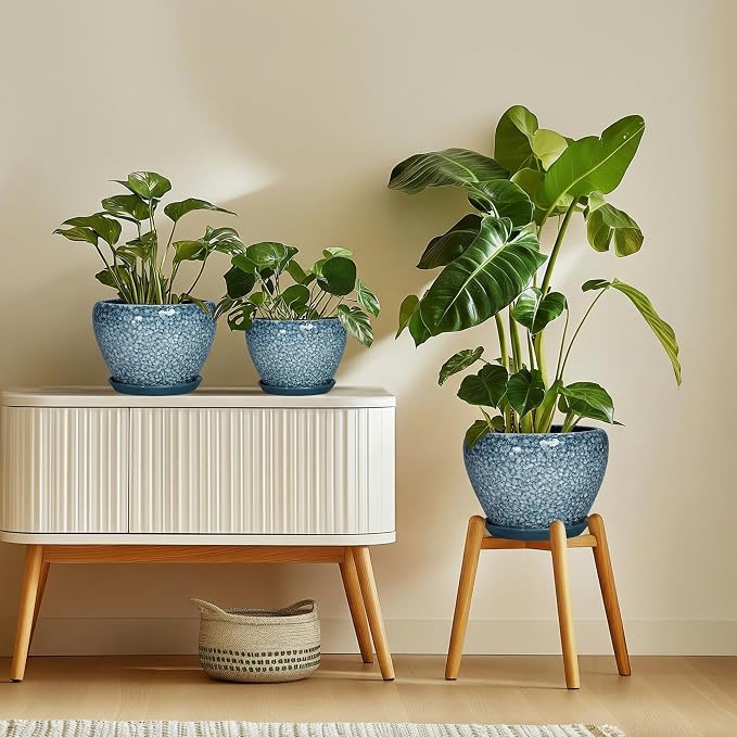 Ceramic Planter Pots - 8 Inch Planters for Indoor Outdoor Plants, Modern Flower Pot with Drainage Hole and Saucer, Round Ceramic Planter, Bookshelf Decor, Gifts for Gardeners, Stone Blue