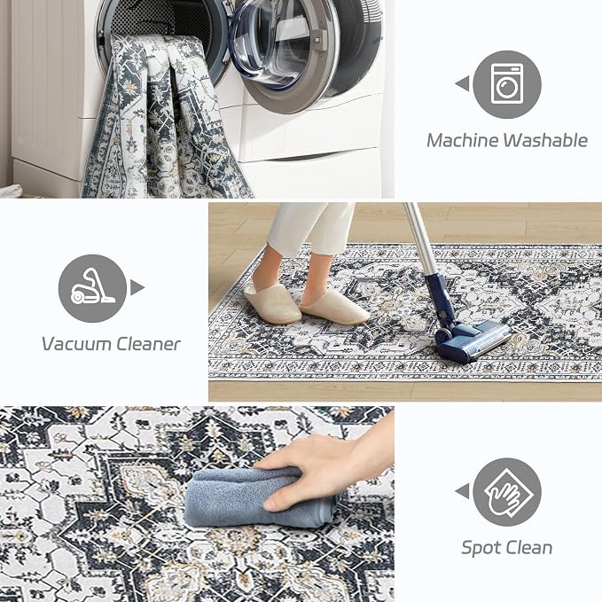 Madane Washable Runner Rugs 2x12 Long for Hallway Kitchen Soft, Black | Non-Slip Vintage Printed 12ft Rug Runners with Rubber Backing, Thin Low-Pile Floor Carpet Laundry Room Entryway, Corridor