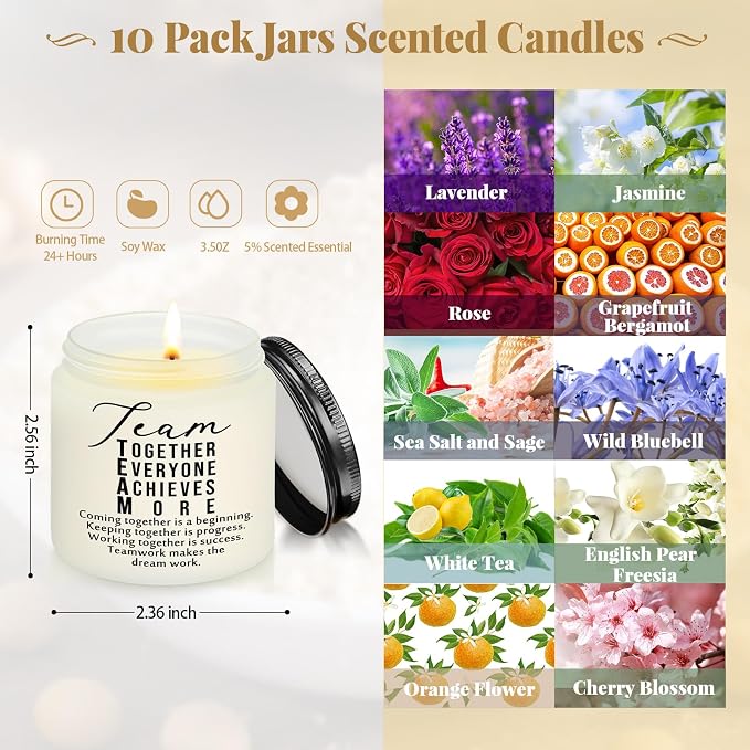 Fumete 10 Pcs Employee Appreciation Gifts Jars Scented Soy Candles 3.5 oz Inspirational Candles Team Thank You Back to School Gifts for Teachers Nurse Coworker Volunteers Group(White, Team)