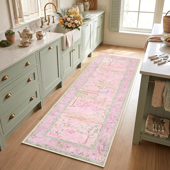 2x6 Hallway Runner Rug Non Slip Forest Nursery Runners Washable Stain Resistant Fairy Tale Whimsical Long Runner Carpets Girls Room Purple Safari Animal Rugs for Living Room Kitchen Bedroom, Lavender