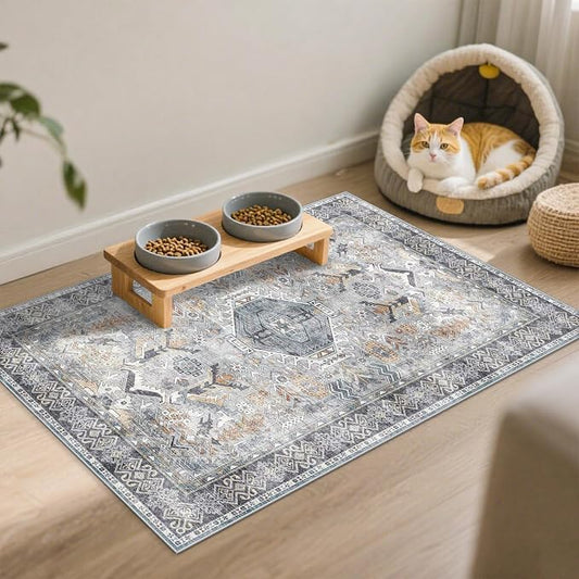 Washable Entryway Area Rug 2x3 - Small Doormat Vintage Distressed Rugs Oriental Non-Slip Stain Resistant Carpet Soft Thin Non-Shedding Indoor Floor Mat for Bedroom Bathroom Kitchen (Grey/Blue,2x3)