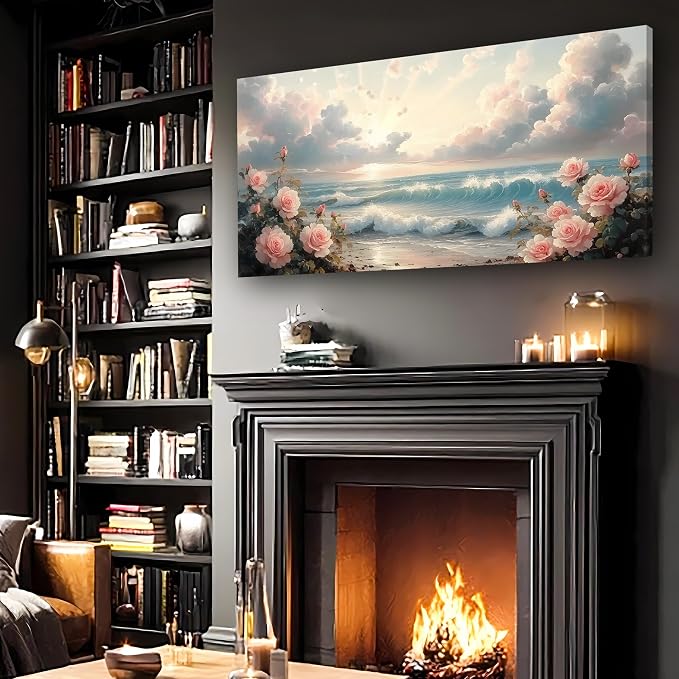 Haichuang Decor Art 40x20 Inch Pink Rose Ocean Canvas Wall Art, Sunset Beach Flower Seascape Print, Framed Ready to Hang for Living Room Bedroom Bathroom, Coastal Floral Wall Decor